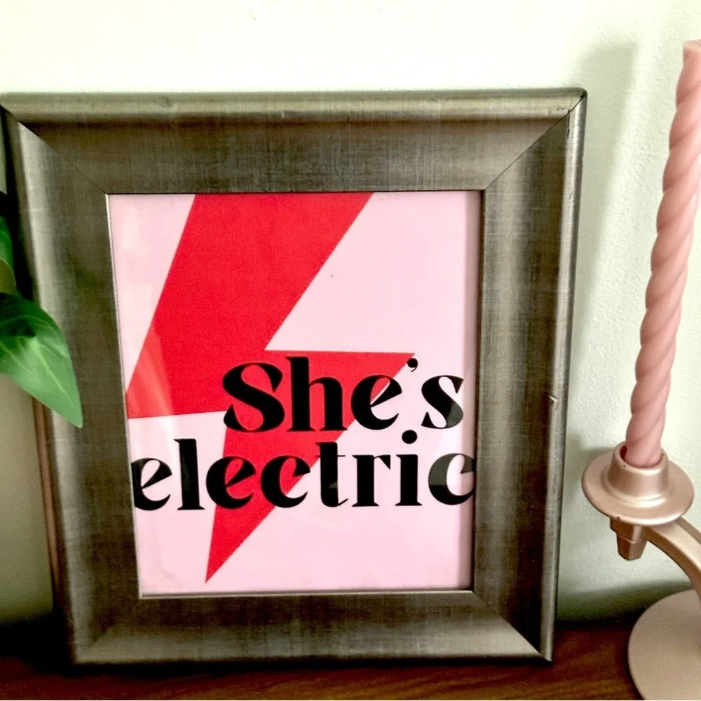 She’s Electric Lightning Bolt Red & Pink Canvas Art Print Silver Framed Wall Art
